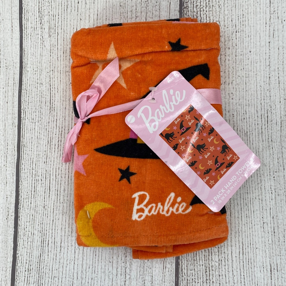 Barbie Hand Towels (2 Pk) Orange Halloween Black Cat Witch Hat Barbiecore Spooky